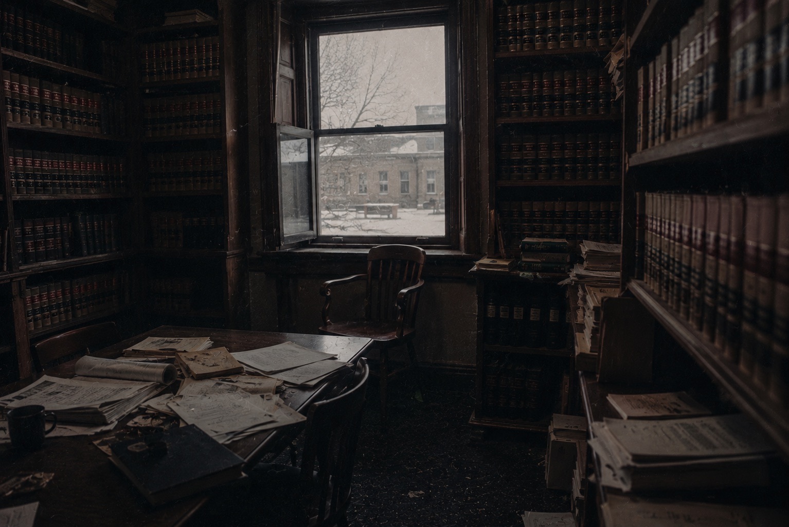 Biblioteca de un juzgado, ventana abierta, papeles dispersos